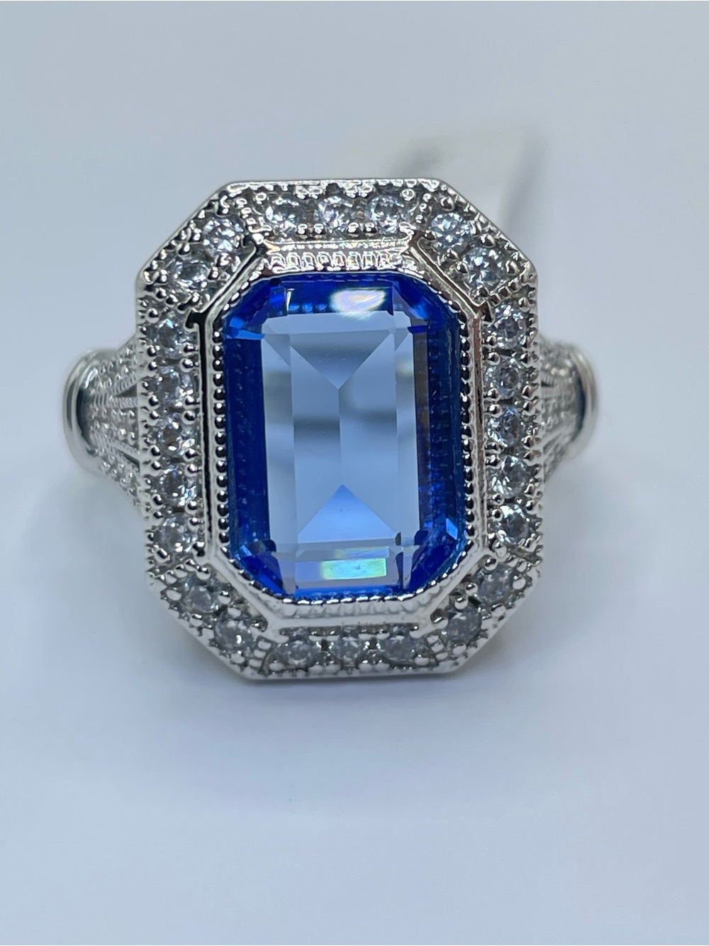Swarovski Crystal Elements Blue Emerald Cut Crystal Art Deco Ring Sz 7.5